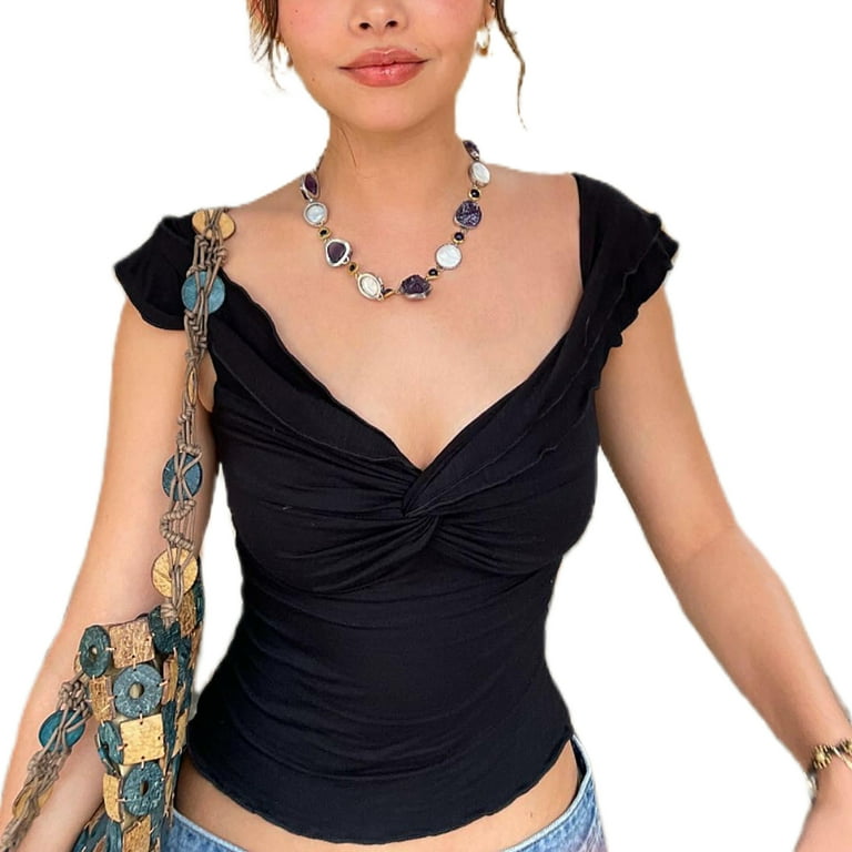 IMISSILLEB Lettuce Trim Crop Tops For Women Off Shoulder Short Sleeve Twist Knot Front Solid Color T Shirts Aesthetic Clothes Walmart