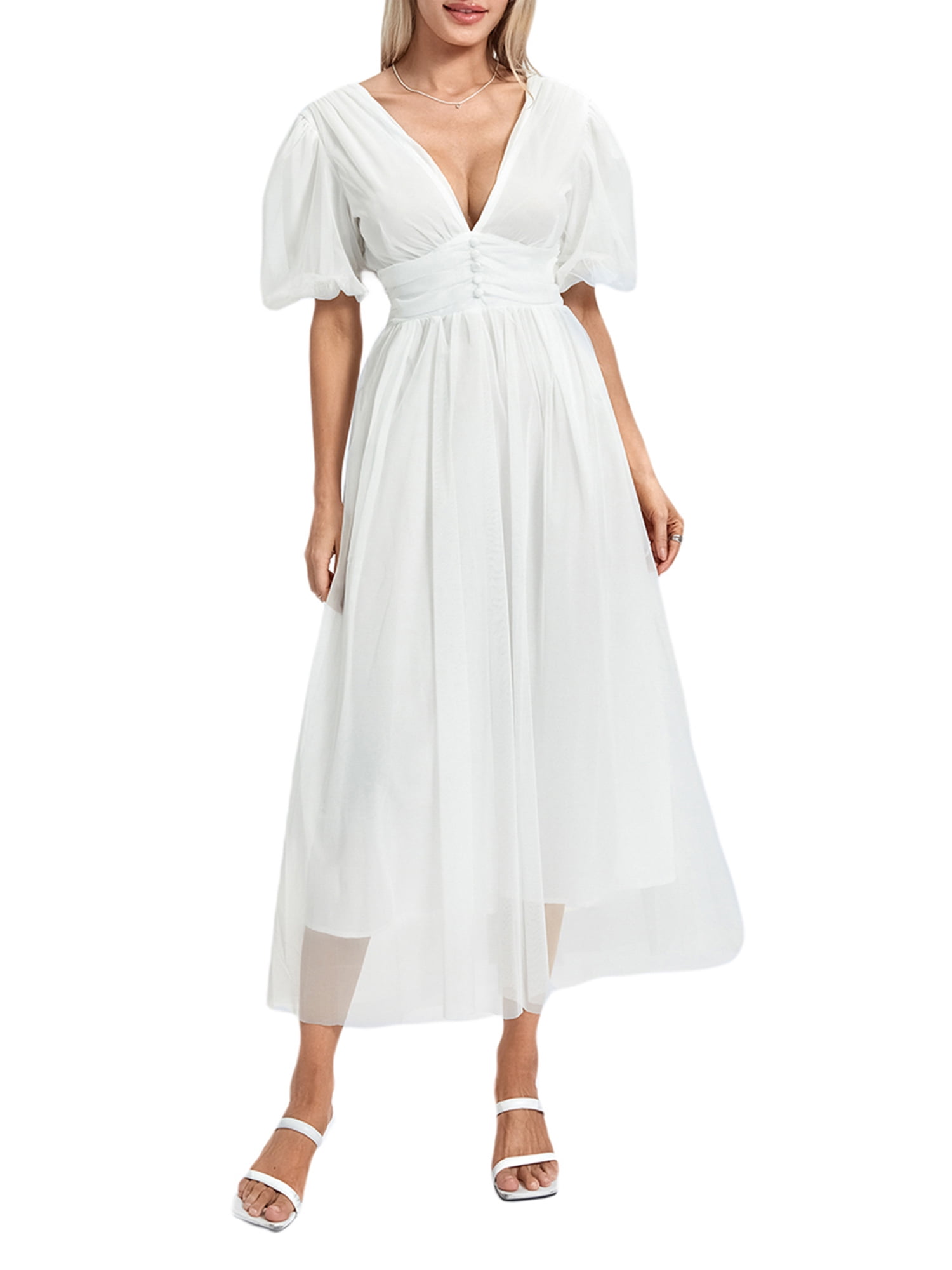 IMISSILLEB Short Puff Sleeve Deep V Neck High Waist Solid Color Party