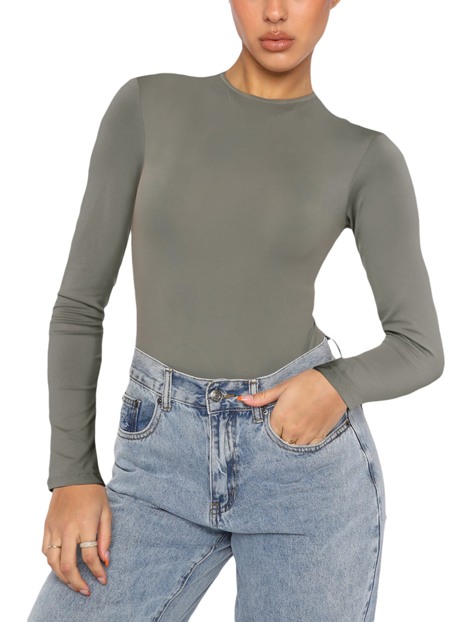 Outoshe Women's Shiny Rhinestone Turtle Neck Long Sleeve Bodysuit Top Zip Back Leotard With Thumb Hole, Army Green, Large