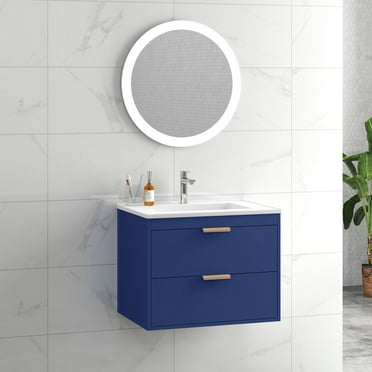 IMKHK 24" Wall Mounted Bathroom Vanity with 2 Drawers, Modern Floating Bathroom Storage Cabinet with White Undermount Ceramic Sink, Single Bathroom Vanity and Sink Combo for Home, Blue