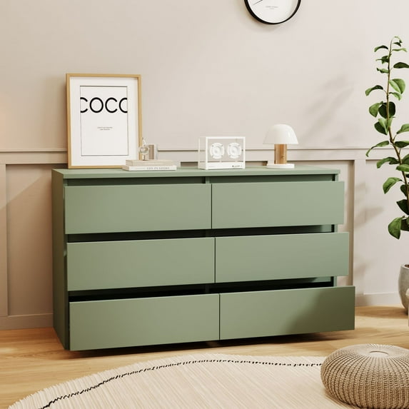 IMKHK 6 Drawer Double Dresser with Cutout Handles, 47.2" Wooden Storage Side Cabinet Chest of Drawers, Modern Vertical Chest of Drawers Organizer for Hallway Bedroom Living Room Office, Green