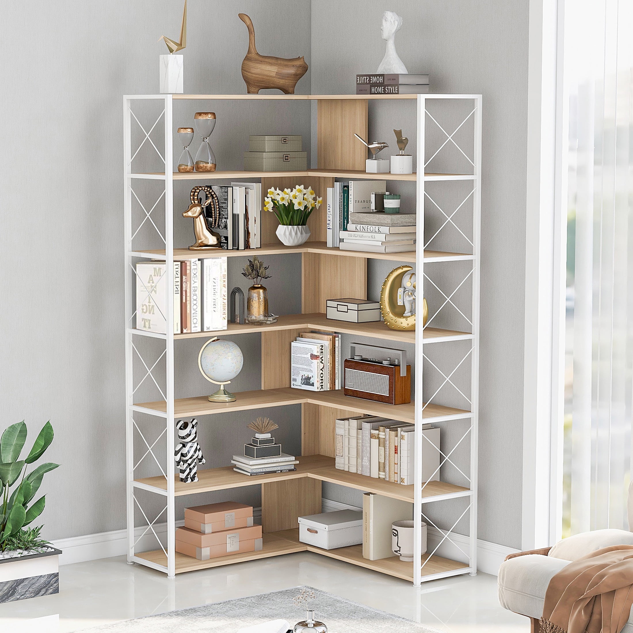 IMKHK 7-Tier L-Shaped Bookcase Storage Organizer, Industrial Tall Corner Bookshelf with Open ...