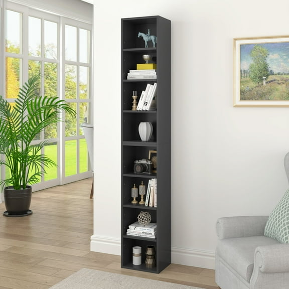 UHOMEPRO 8-Tier Media Tower, CD DVD Media Storage Unit with Adjustable Shelves, Multi-Functional Cube Storage Cabinet for Home Office, Wooden Freestanding Double-Decker Bookcase Display Stand, Black