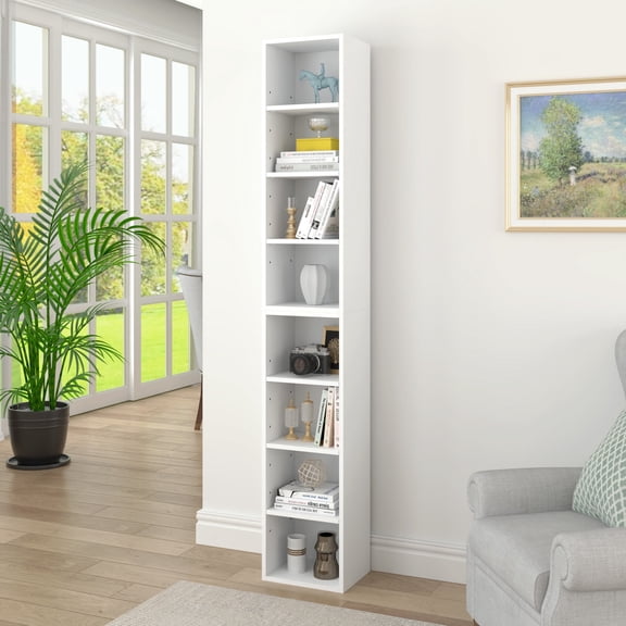 UHOMEPRO 8-Tier Media Tower, CD DVD Media Storage Unit with Adjustable Shelves, Multi-Functional Cube Storage Cabinet for Home Office, Wooden Freestanding Double-Decker Bookcase Display Stand, White