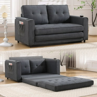 UHOMEPRO Convertible Futon Sofa Bed, Pull Out Loveseat Sleeper Sofa with Side Pockets and Cup Holders, Comfy 3-in-1 Foldable Sofa Couch, Upholstered Floor Couch for Living Room Apartment, Dark Gray