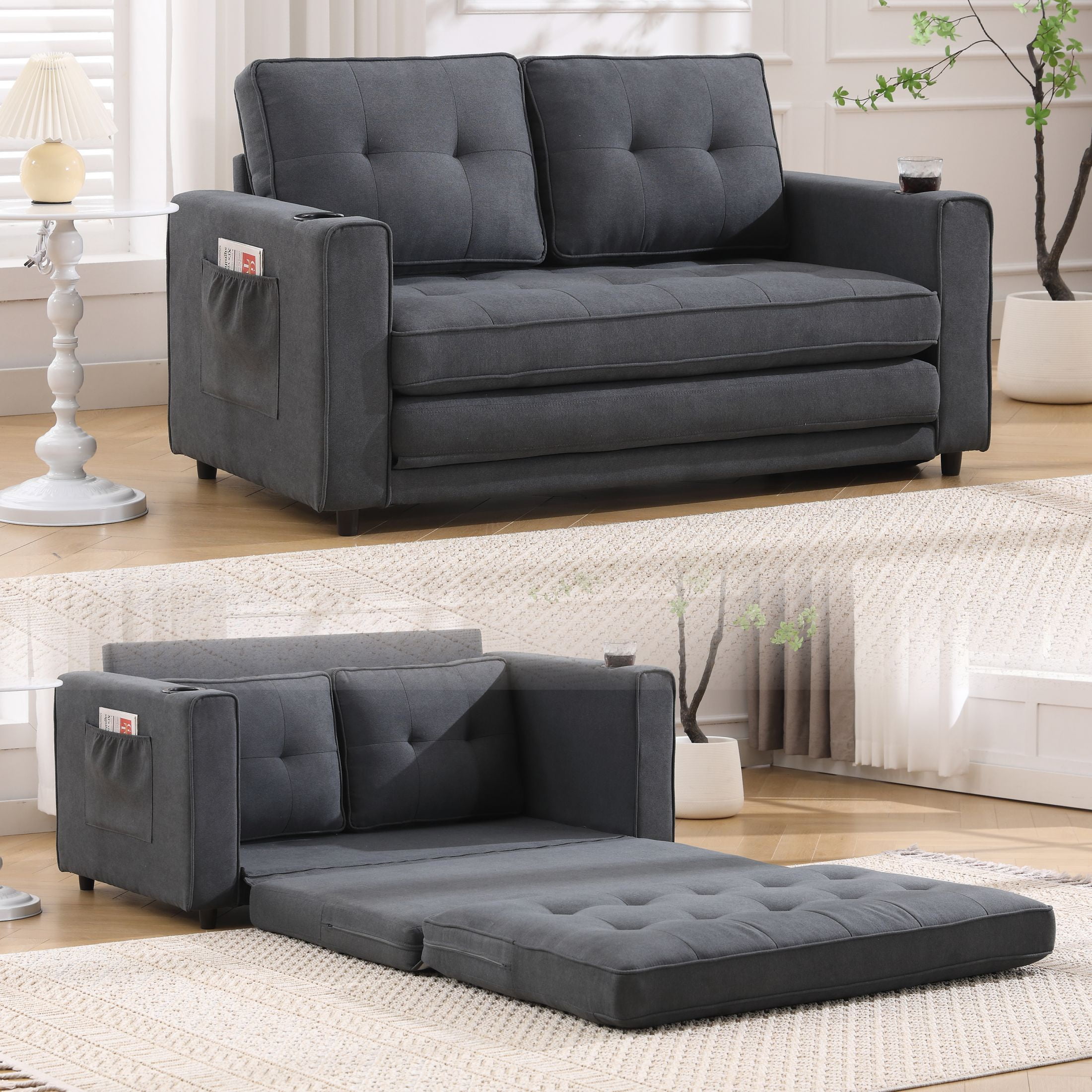 UHOMEPRO Convertible Futon Sofa Bed, Pull Out Loveseat Sleeper Sofa with Side Pockets and Cup Holders, Comfy 3-in-1 Foldable Sofa Couch, Upholstered Floor Couch for Living Room Apartment, Dark Gray