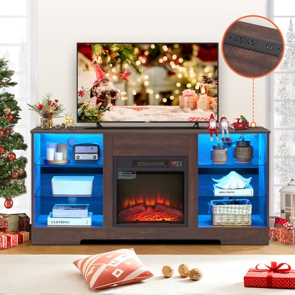 Sesslife Fireplace TV Stand for 65 Inch TV, LED TV Stand with Open Storage Shelves and Charging Station, Entertainment Center TV Console Table with Fireplace for Living Room, Espresso
