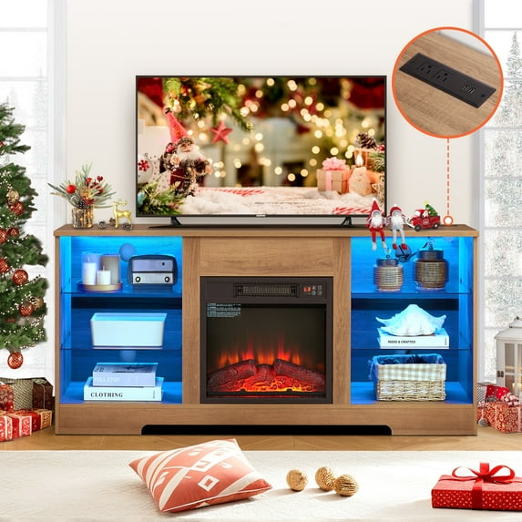 Sesslife Fireplace TV Stand for 65 Inch TV, LED TV Stand with Open Storage Shelves and Charging Station, Entertainment Center TV Console Table with Fireplace for Living Room, Oak