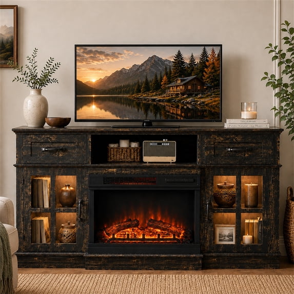 SESSLIFE 58" Fireplace TV Stand for TVs up to 65", 24" Electric Fireplace with 12 Flame Colors, Modern Farmhouse Entertainment Center with Drawers & Glass Cabinets, Black