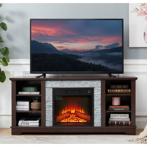 Sesslife Fireplace TV Stand for 65" TVs, Media Entertainment Center with Faux Stacked Stone Surrounded for Living Room, Wood TV Console Table with Open Shelves, Remote Control Fireplace, Cherry