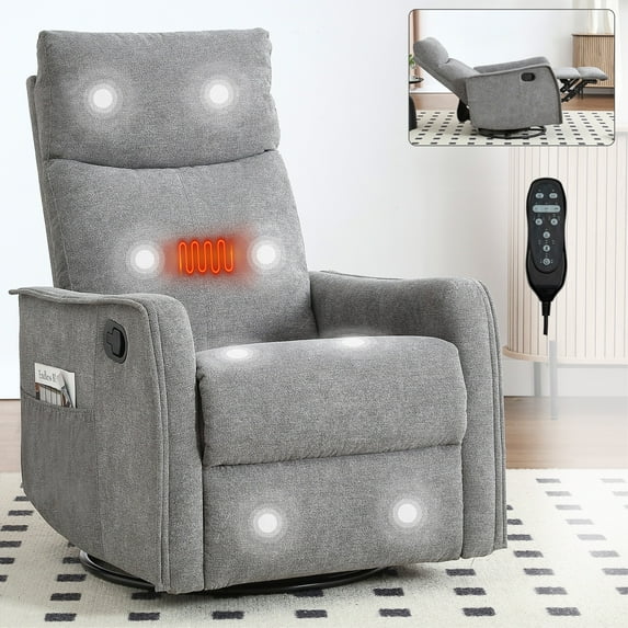 IMKHK Manual Rocker Recliner Chair with Vibration Massage and Heat, Swivel Fabric Lounge Chair with Remote Control and Side Pockets, Ergonomic Single Sofa Reclining Chair for Bedroom Theater, Gray