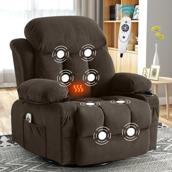 Sesslife Power Recliner Chair with Heat and Massage for Adults, Adjustable Electric Recliner Sofa Chair with USB Port, Side Pockets, Cup Holders, 24.4" Manual Swivel Rocking Recliner Chair, Brown