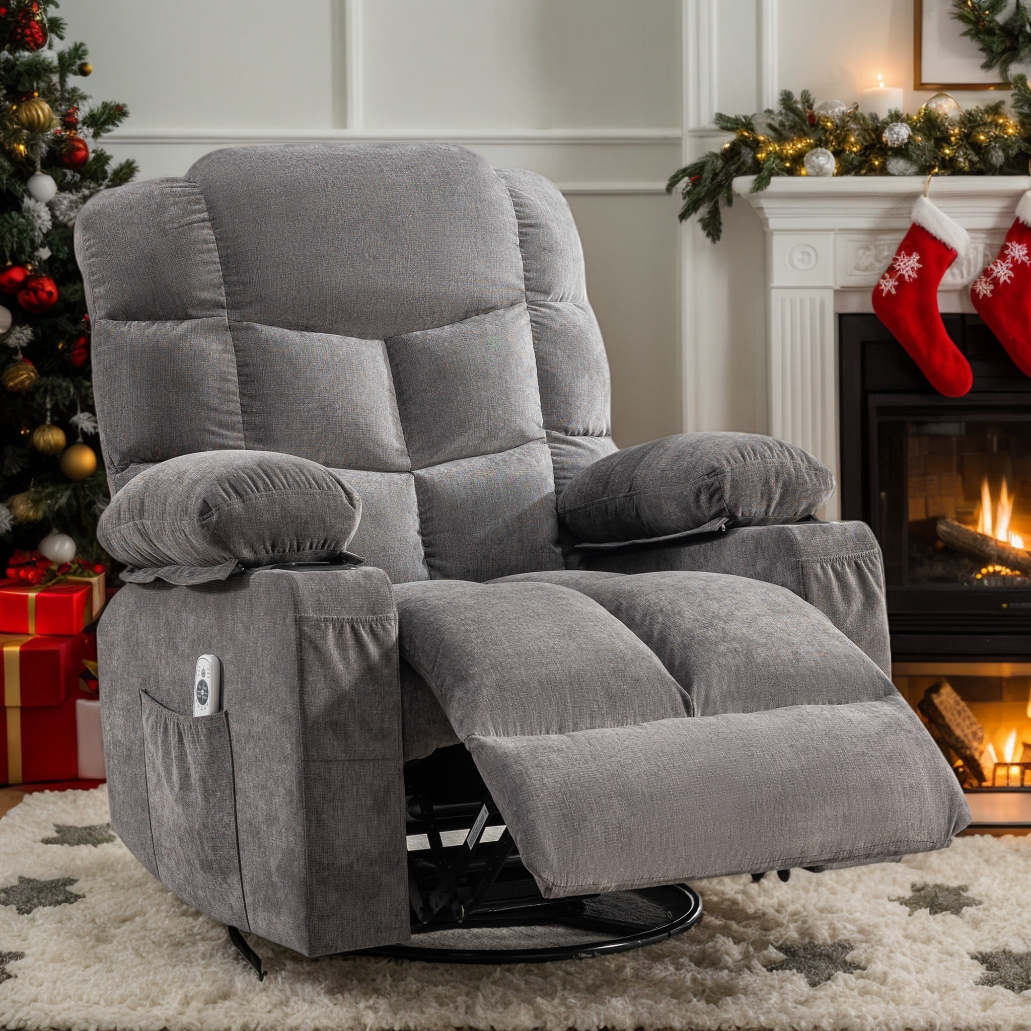 Sesslife Power Recliner Chair with Heat and Massage for Adults, Adjustable Electric Recliner Sofa Chair with USB Port, Side Pockets, Cup Holders, 24.4" Manual Swivel Rocking Recliner Chair, Brown