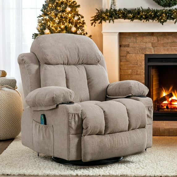 IMKHK Massage Rocker Recliner Chair, Modern Fabric Lounge Chair with Heat and Massage for Adults, Swivel Recliner Chair with Side Pockets, 2 Cup Holders, USB Charge Port for Living Room, Beige