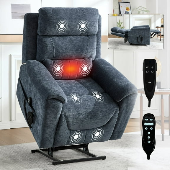 Sesslife Power Lift Recliner Chair for Elderly, Lift Chair Recliners with Massage and Heat, Modern Reclining Mechanism Electric Sofa with 2 Cup Holders and Side Pockets for Living Room, Blue