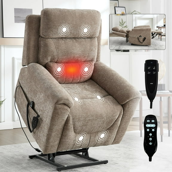 Sesslife Power Lift Recliner Chair for Elderly, Lift Chair Recliners with Massage and Heat, Modern Reclining Mechanism Electric Sofa with 2 Cup Holders and Side Pockets for Living Room, Khaki