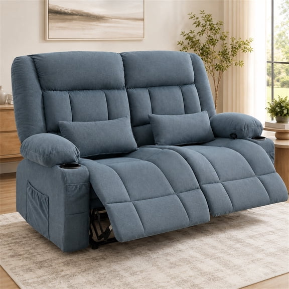 SESSLIFE Manual Recliner Loveseat, Overstuffed 2 Seater Recliner Sofa with Cup Holders and Side Pockets, Soft Fabric Reclining Loveseat for Living Room and Home Theater, Blue