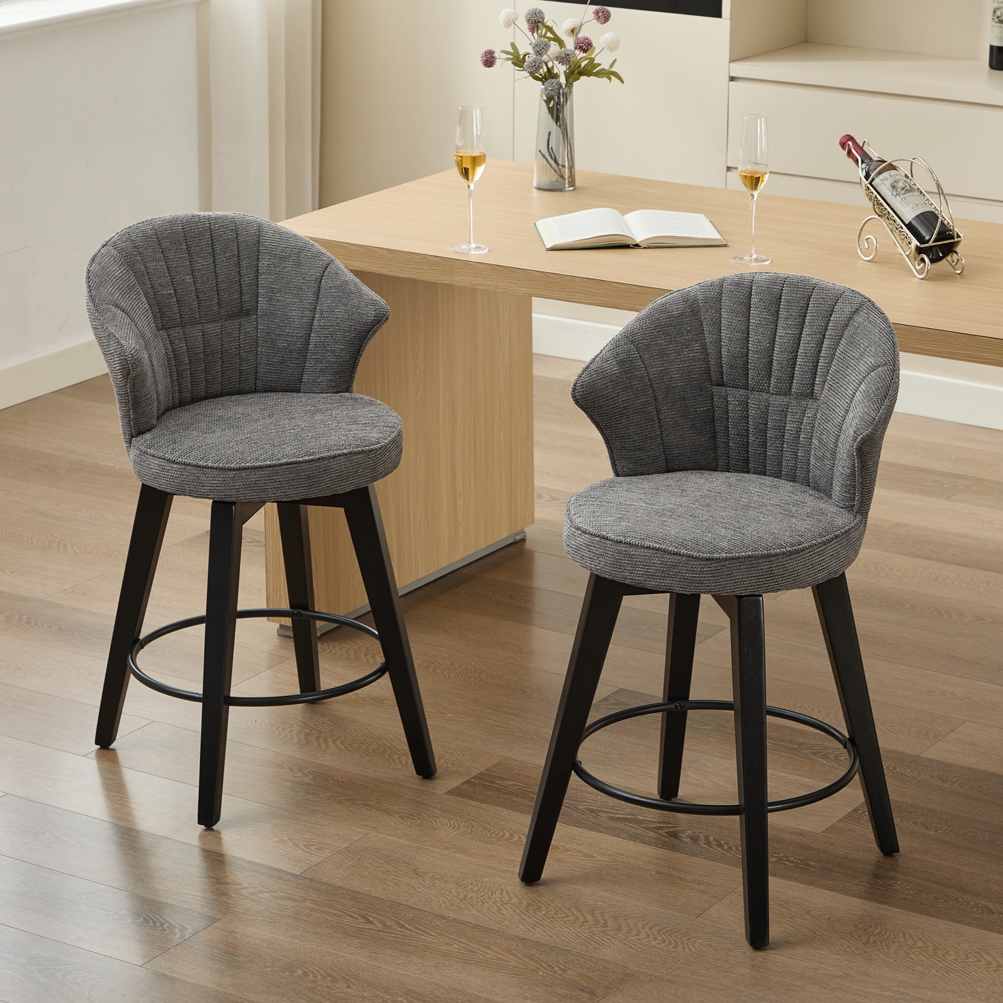Gray Chenille Upholstered Swivel Bar Stools with Wood Legs, Set of 2