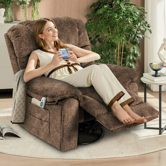 Sesslife Rocking Recliners with Massage and Heat for Adults, 22.8 in Seating Manual Swivel Rocker Recliner with Side Pockets, Cup Holders, USB Port for Living Room, Fabric Massage Lounge Chair, Brown