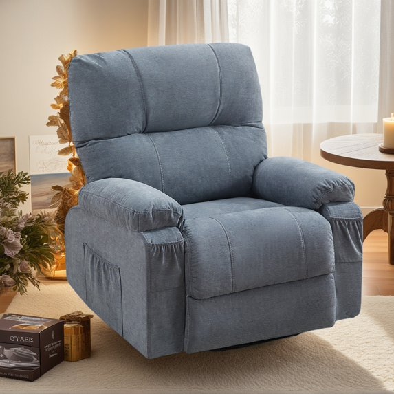 IMKHK Swivel Rocker Recliner Chair, Modern Recliner Chair with Heat and Vibration Massage, Manual Fabric Lounge Chair with Side Pockets, 2 Cup Holders, USB Charge Port for Living Room, Gray