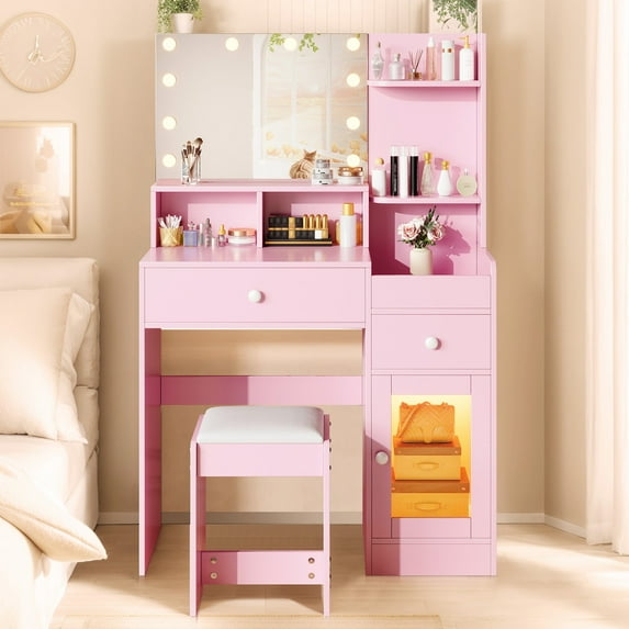 Sesslife Vanity Table Set with Lighted Mirror and Cushioned Stool, Makeup Dressing Set with 2 Drawers, LED Cabinet and Storage Shelves for Girls Women, Makeup Vanity Desk Set for Bedroom, Pink