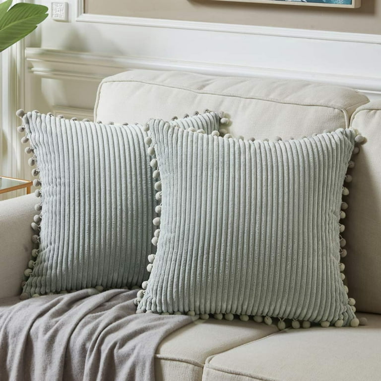 IMMEKEY 2 PCS Square Striped Throw Pillow Covers with Pom Poms
