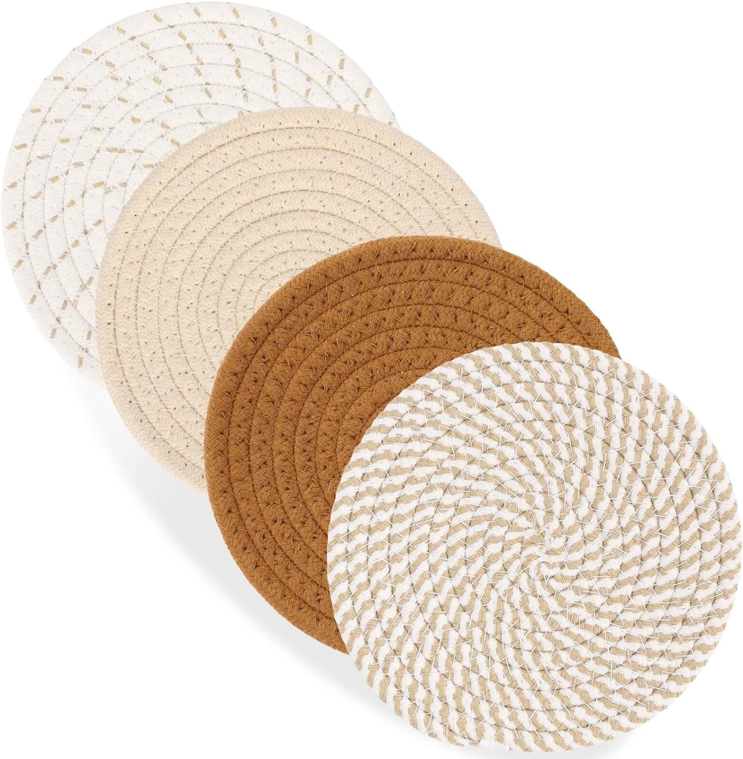 IMMEKEY 7" Trivets for Hot Dishes, Hot pots and Pans, 4 Pack Heat Resistant Cotton Pads, Pot Holders for Kitchen, Hot Plate Mats for Kitchen Countertops, Table, Home Essentials, Farmhouse Decor