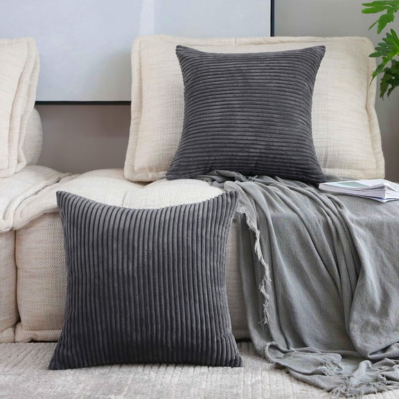 IMMEKEY Pillow Cover Set of 2 Plush Striped Corduroy Velvet Throw Pillows , 12x20 inch, Dark Grey