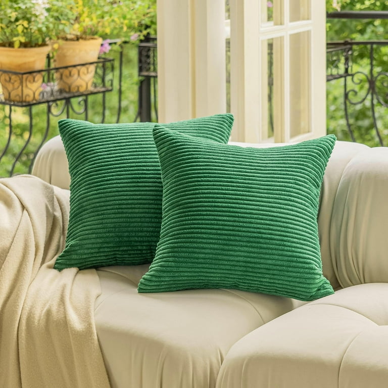 IMMEKEY Pillow Cover Set of 2 Plush Striped Corduroy Velvet Throw Pillows 18x18 inch Green