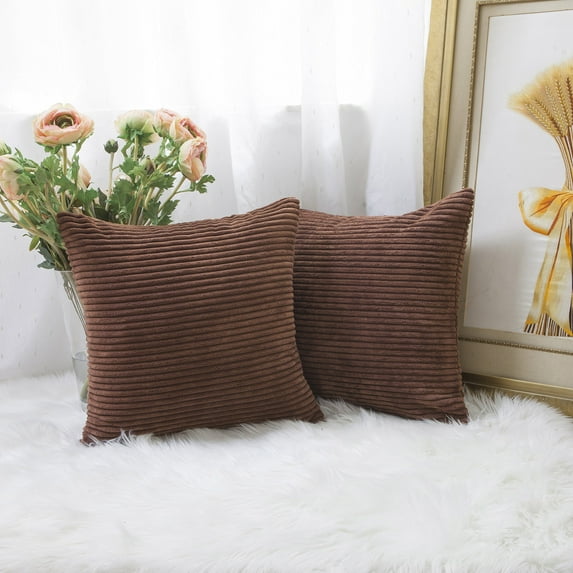 IMMEKEY Pillow Cover Set of 2 Plush Striped Corduroy Velvet Throw Pillows , 20x20 inch, Brown