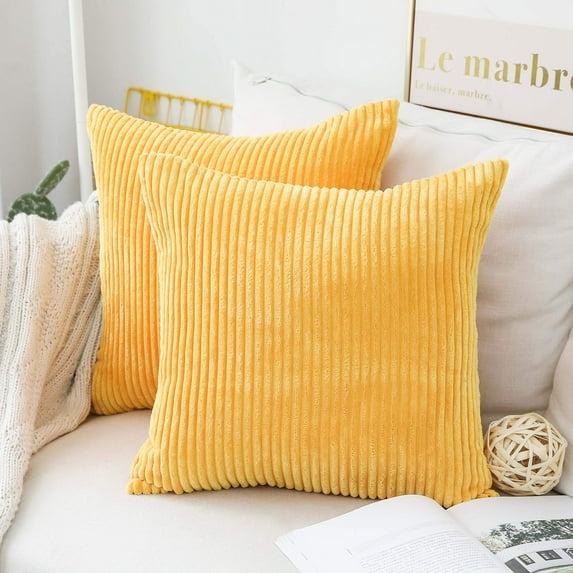 IMMEKEY Pillow Cover Set of 2 Plush Striped Corduroy Velvet Throw Pillows , 20x20 inch, Sunflower Yellow