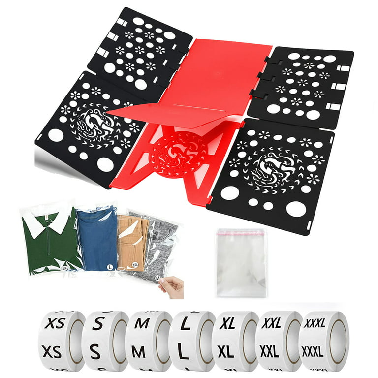 Immekey Shirt Folding Board with Shirt Bags 100 Pcs10x13 Inches with Clothing Size Stickers Labels 7 Sizes 3500 Pcs, for Adults and Children Shirt
