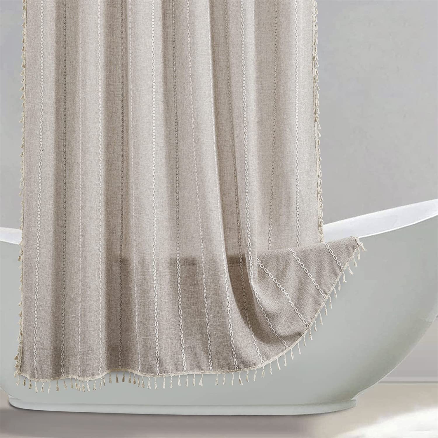 IMMEKEY Shower Curtain with Tassels Heavy Duty Cotton Linen Bath Curtains for Shower