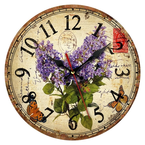 IMMEKEY Vintage Rustic Wall Clock, Silent Wooden Dial Lavender Timer Clock