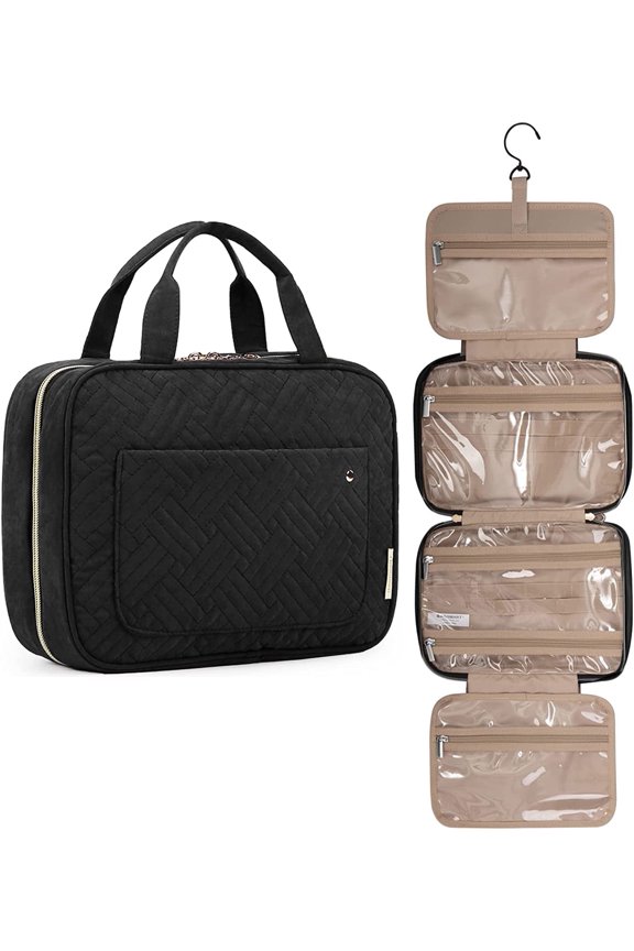 Water-resistant Makeup Cosmetic Bag,Travel Toiletry Bag for Women, Portable Hanging Organizer for Full-Sized Shampoo, Conditioner, Brushes Set, Travel-Size Accessories, Black,Hanging Hook