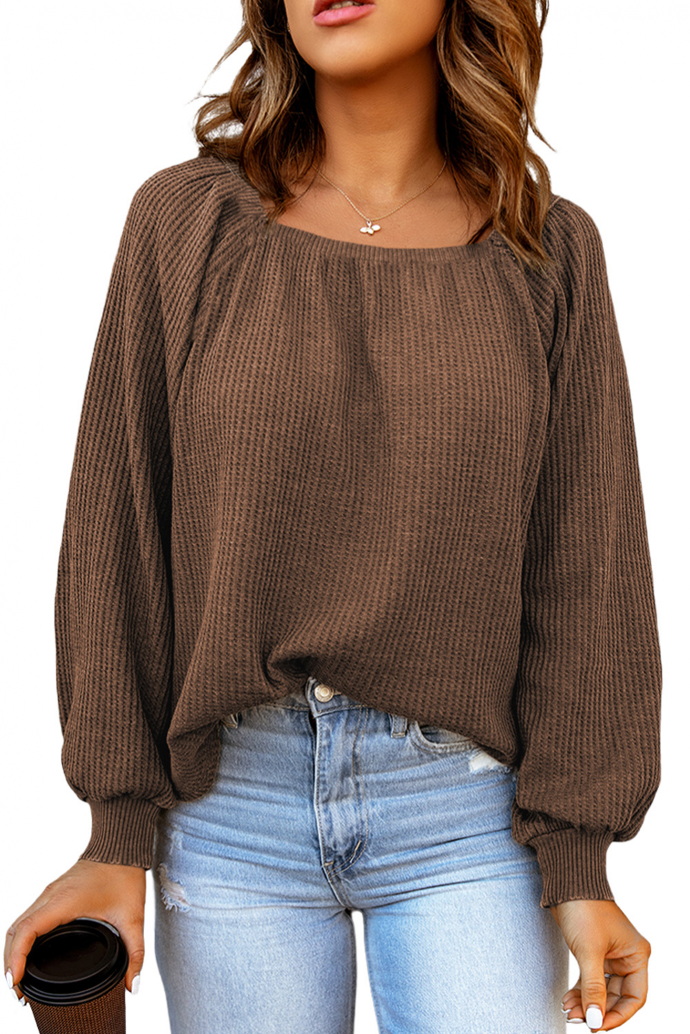 IMMEKEY Women Scoop Neck Puff Sleeve Waffle Knit Top Brown S