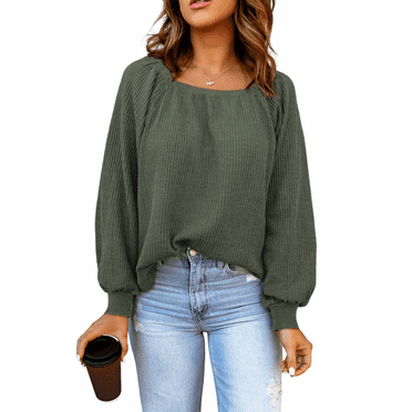 IMMEKEY Women Scoop Neck Puff Sleeve Waffle Knit Top Green S