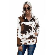 IMMEKEY Women Zip Collar Cow Print Fleece Sweatshirt L
