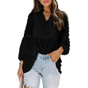 IMMEKEY Women's Long Sleeve V Neck Tops Dot Lace Blouse Casual Black T-Shirt S-XL