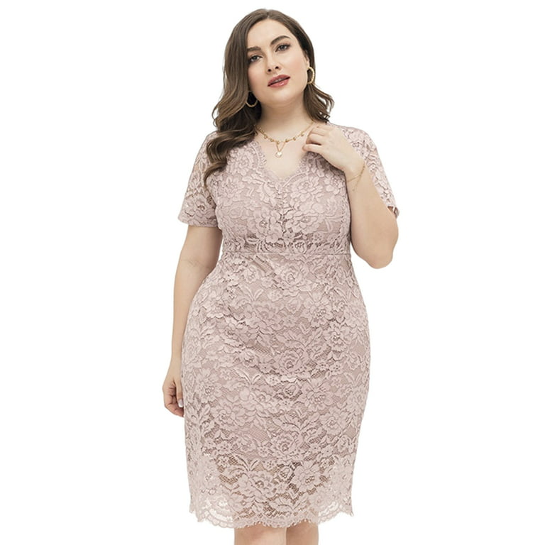 IMMEKEY Women's Plus Size Dress Floral Lace Midi Deep V-Neck Lace