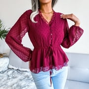 IMMEKEY Womens Blouses Long Sleeve V Neck Polka Dot Chiffon Shirt Burgundy S