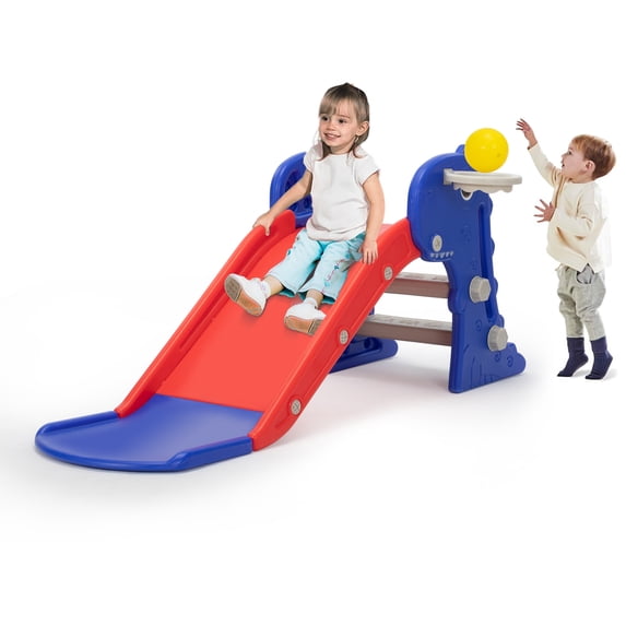 IMMERE 3 in 1 Freestanding Toddler Slide, Indoor Outdoor Playground with Basketball Hoop and Ball for Kids Under 3 Years, Red & Blue