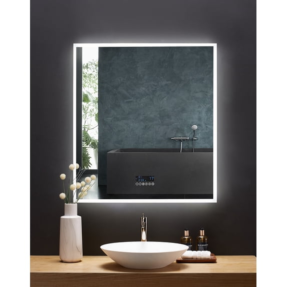 IMMERSION 36 in. x 40 in. LED Frameless Mirror with Bluetooth, Defogger and Digital Display