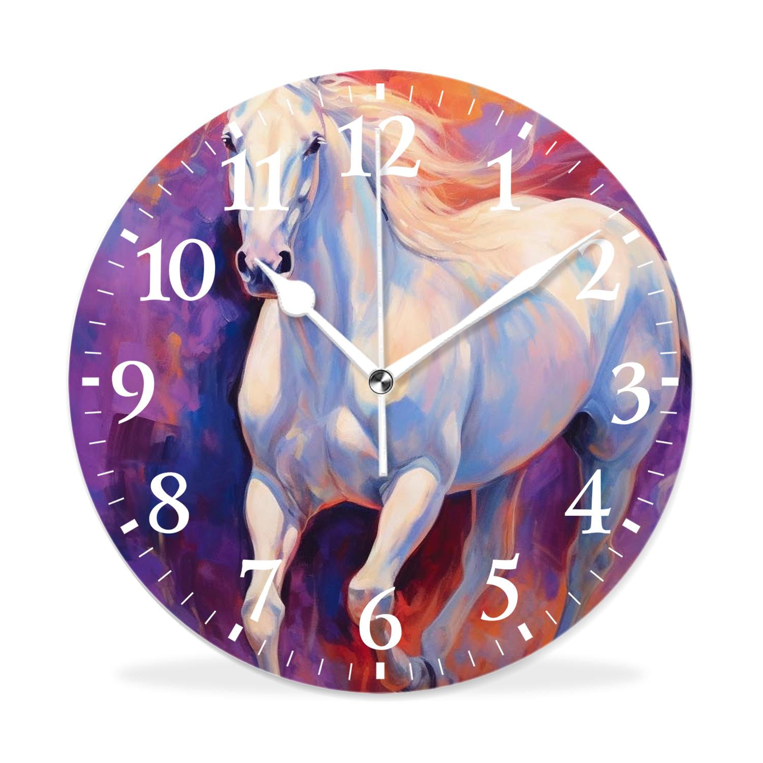 IMPCOKRU 12 inch Round White Wall Clock,Oil Painting Horse Animal