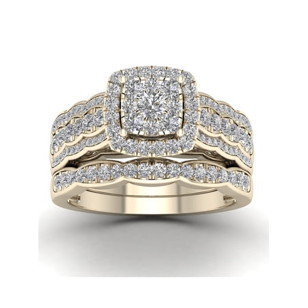 IMPERIAL 1Ct Diamond Cluster Halo Bridal Set, 10K Yellow Gold, Size 5-10