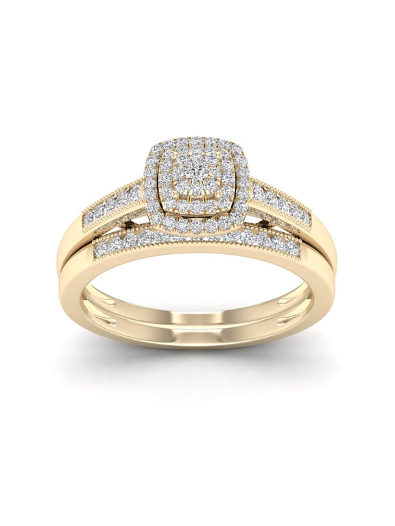Cushion Frame 1/3ct Diamond Engagement & Wedding Ring Set, 10K Yellow Gold