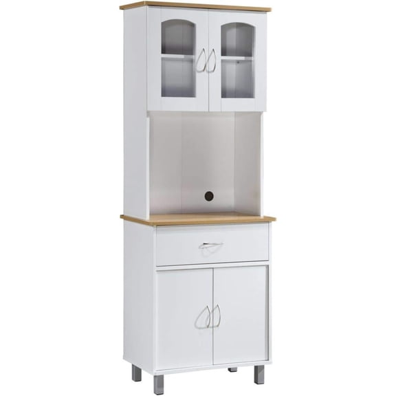IMPORT Long Standing Kitchen Cabinet with Top & Bottom Enclosed Cabinet Space, One Drawer, Large Open Space for Microwave, White