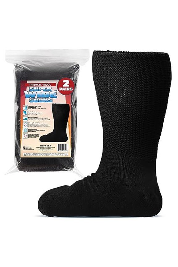 Wide Calf Men's Thermal Wool Socks - Black One Size XXL Knee-High - Extra Wide 30in Stretch Calf for Swollen Feet & Lymphedema