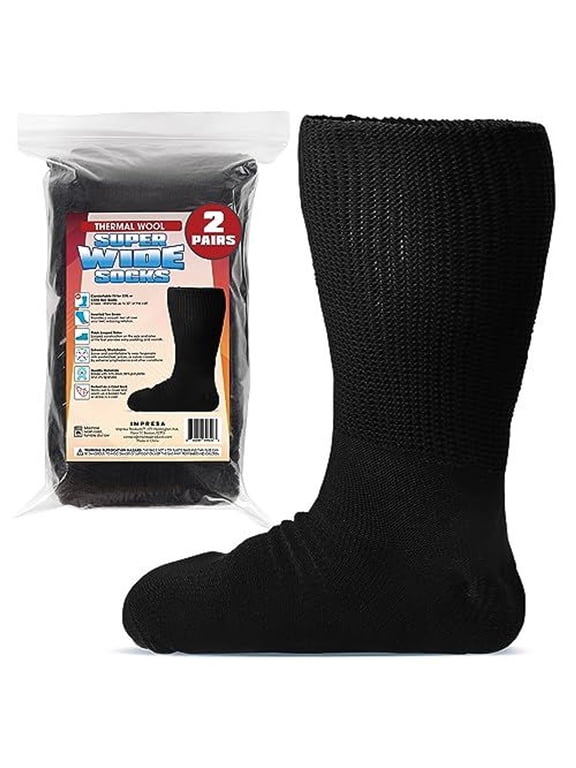 Wide Calf Men's Thermal Wool Socks - Black One Size XXL Knee-High - Extra Wide 30in Stretch Calf for Swollen Feet & Lymphedema