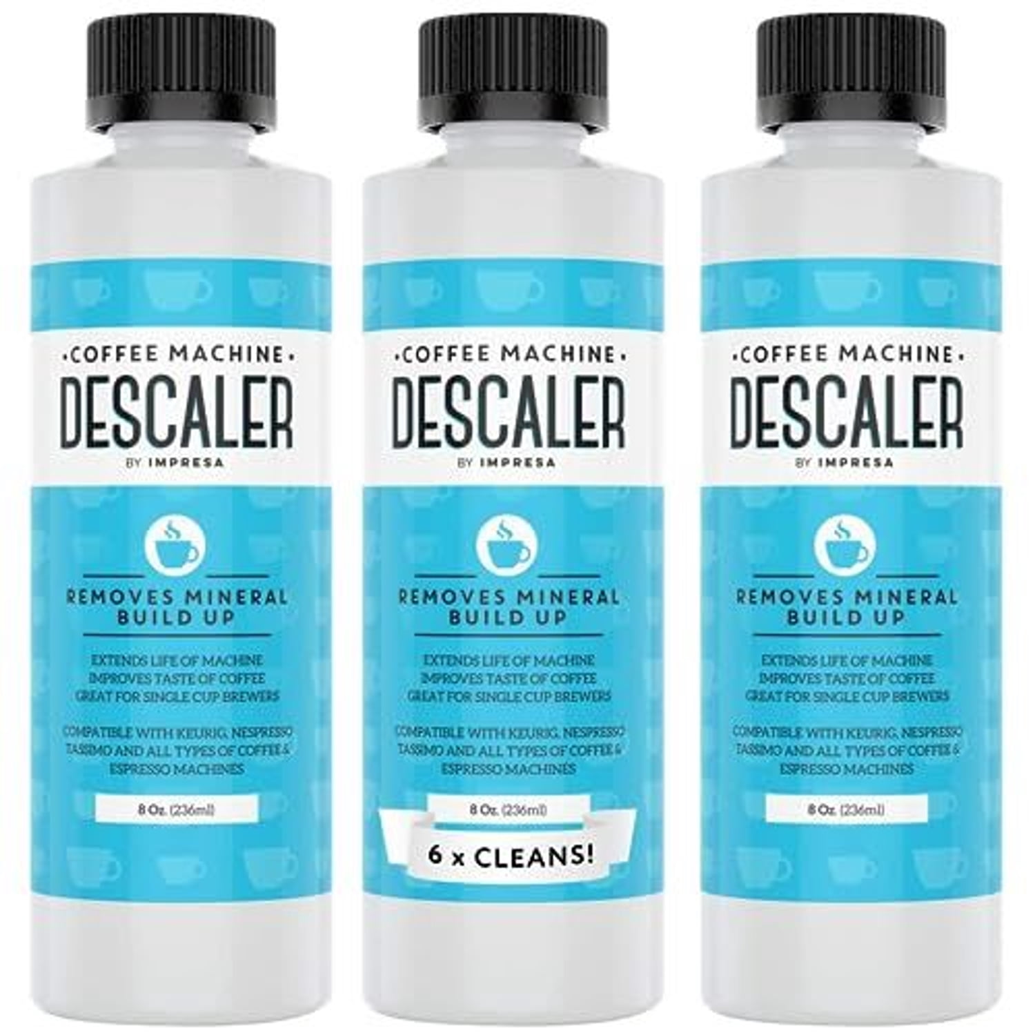 IMPRESA 3 Pack / 6 Uses Coffee Machine Descaler for Keurig and Virtually All Single Use Coffee and Espresso Machines